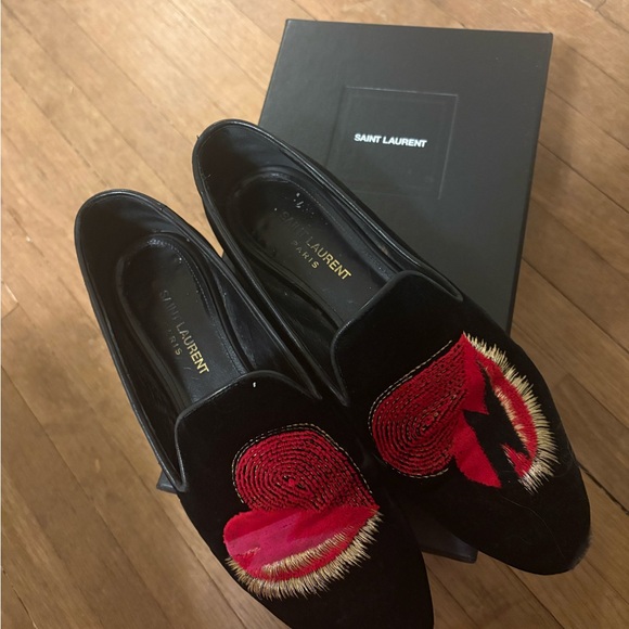 Saint Laurent Shoes - Saint Laurent Black and Red Embroidered Loafers